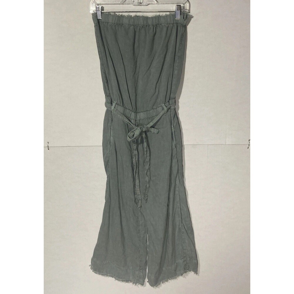 CLOTH AND STONE green/gray strapless tencel fringed hem cropped romper S